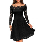 Dress women Sexy Hollow Out Lace Off Shoulder Long Sleeve Tight Waist Party Midi Dress Slash neck Fit and Flare Vintage Dress