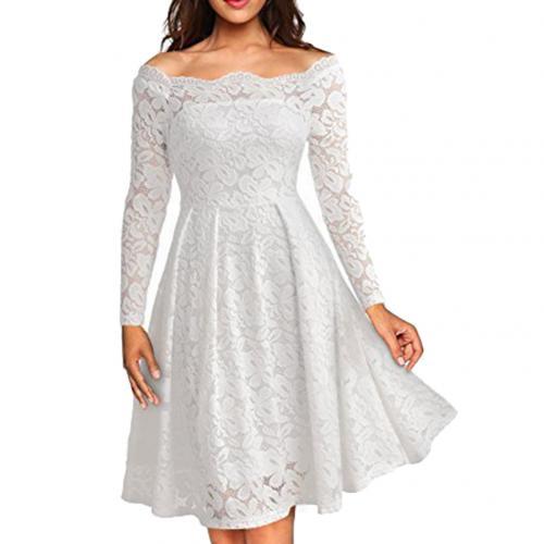Dress women Sexy Hollow Out Lace Off Shoulder Long Sleeve Tight Waist Party Midi Dress Slash neck Fit and Flare Vintage Dress