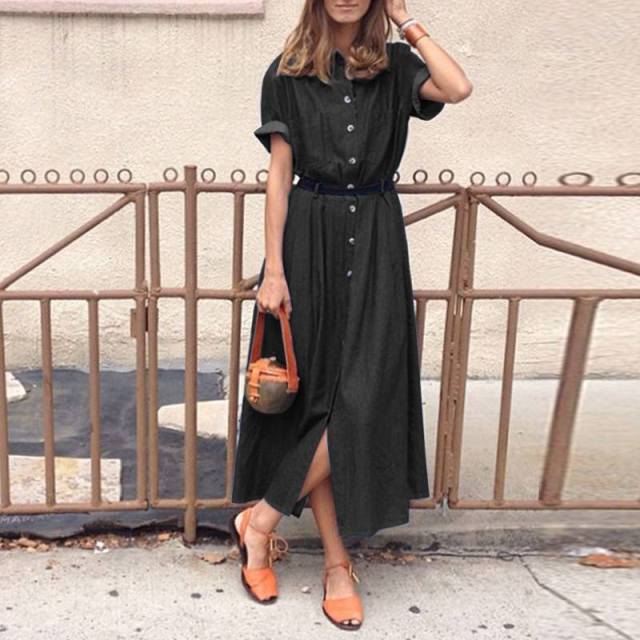 Summer Dress Casual Short Sleeve Party Dresses VONDA 2021 Lapel Button Down Denim Shirt Dress Bohemian Vestidos Not with Belt