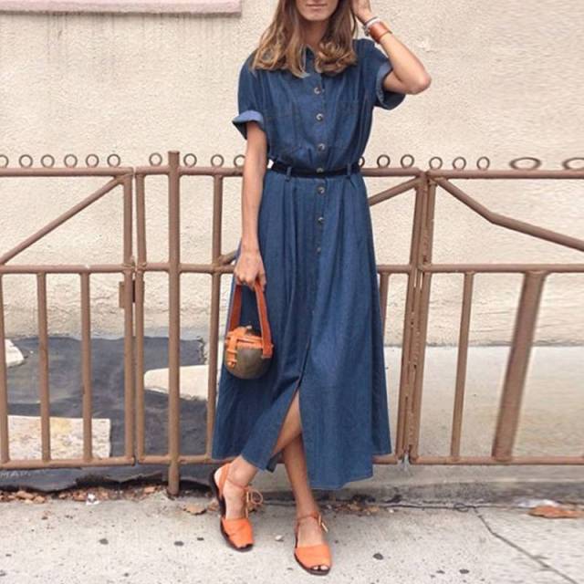 Summer Dress Casual Short Sleeve Party Dresses VONDA 2021 Lapel Button Down Denim Shirt Dress Bohemian Vestidos Not with Belt