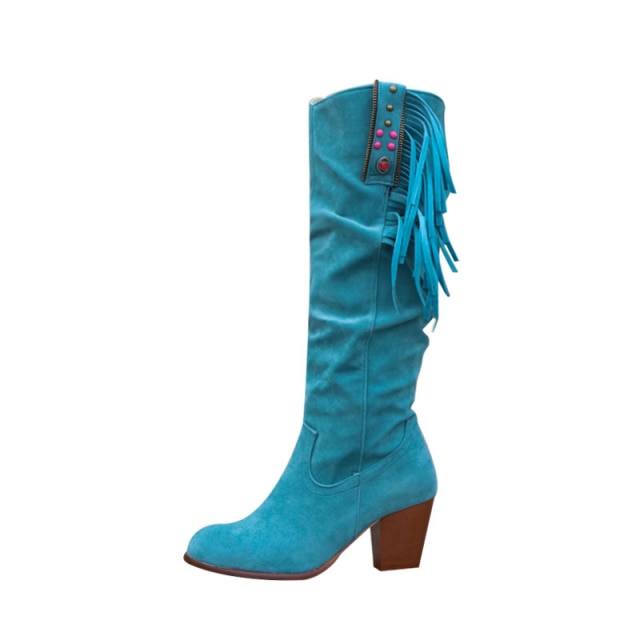 2021 New Fashion Women Shoes Knee-high Western Ridding Brown Boots Lady Wedge Heel Tassels Cowboy Long Boots Autumn Female Shoes