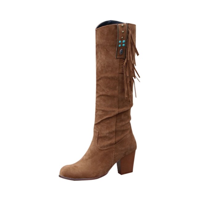 2021 New Fashion Women Shoes Knee-high Western Ridding Brown Boots Lady Wedge Heel Tassels Cowboy Long Boots Autumn Female Shoes