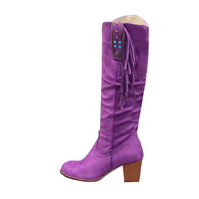 2021 New Fashion Women Shoes Knee-high Western Ridding Brown Boots Lady Wedge Heel Tassels Cowboy Long Boots Autumn Female Shoes