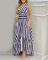 Summer Elegant One Shoulder Striped Colorblock Sleeveless Asymmetric High Waist Casual Maxi Dresses Fashion Sexy Skinny Robes