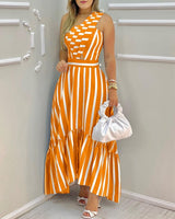 Summer Elegant One Shoulder Striped Colorblock Sleeveless Asymmetric High Waist Casual Maxi Dresses Fashion Sexy Skinny Robes