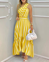 Summer Elegant One Shoulder Striped Colorblock Sleeveless Asymmetric High Waist Casual Maxi Dresses Fashion Sexy Skinny Robes