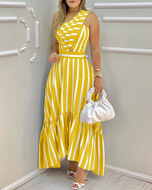 Summer Elegant One Shoulder Striped Colorblock Sleeveless Asymmetric High Waist Casual Maxi Dresses Fashion Sexy Skinny Robes
