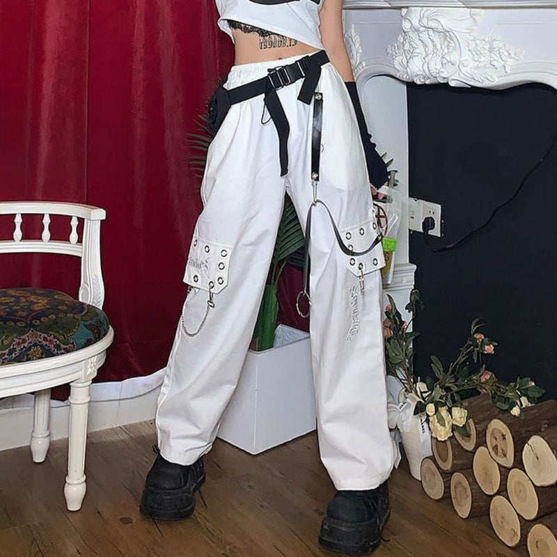 Cargo Pants Women Chain White Wide Leg