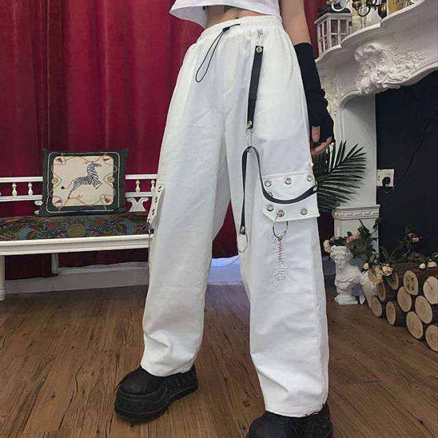 Cargo Pants Women Chain White Wide Leg