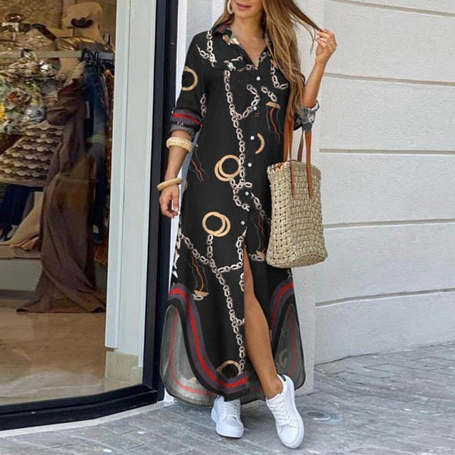 Autumn Long Dress Long Sleeve Shirt Dress Women Denim Long Dresses Pocket Button Shirt Print Dress Casual Loose Dresses 2021