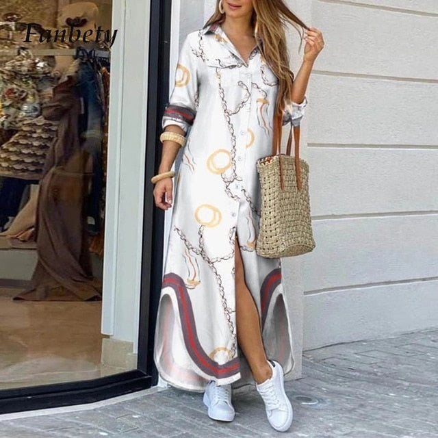 Autumn Long Dress Long Sleeve Shirt Dress Women Denim Long Dresses Pocket Button Shirt Print Dress Casual Loose Dresses 2021