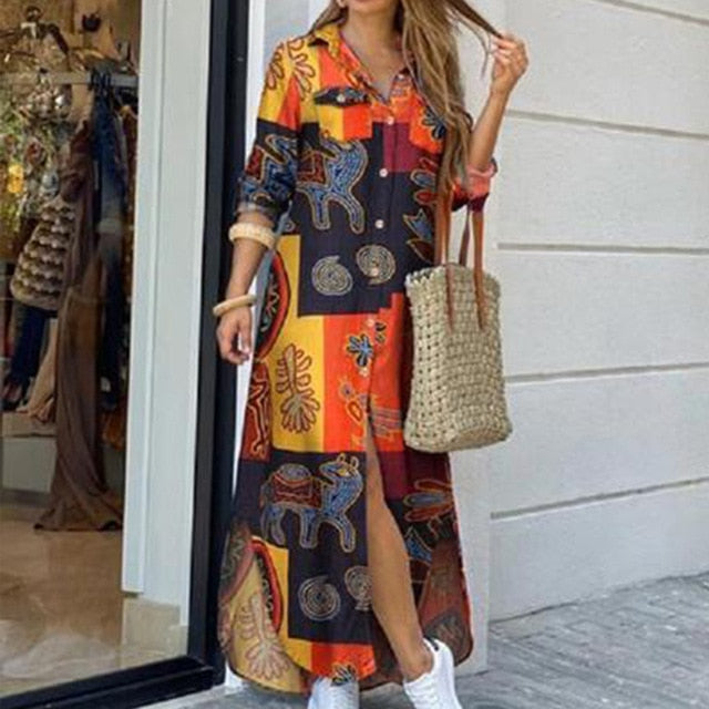 Autumn Long Dress Long Sleeve Shirt Dress Women Denim Long Dresses Pocket Button Shirt Print Dress Casual Loose Dresses 2021
