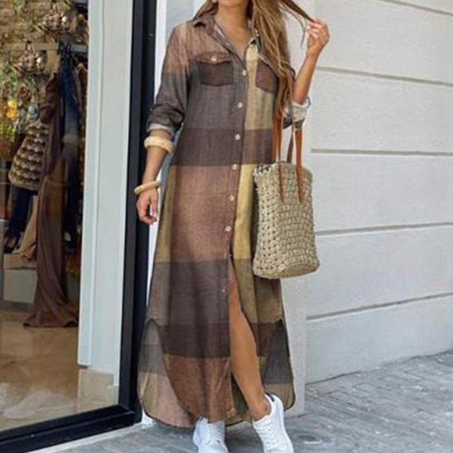 Autumn Long Dress Long Sleeve Shirt Dress Women Denim Long Dresses Pocket Button Shirt Print Dress Casual Loose Dresses 2021