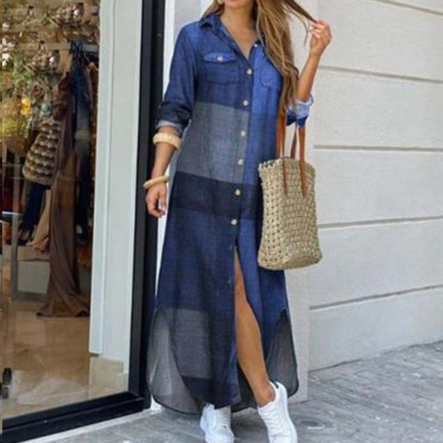 Autumn Long Dress Long Sleeve Shirt Dress Women Denim Long Dresses Pocket Button Shirt Print Dress Casual Loose Dresses 2021