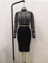 New Arrival High Quality Two Piece Women Set Sexy Summer Long Sleeves Beading Top White Skirt Vintage Vestios Bandagem