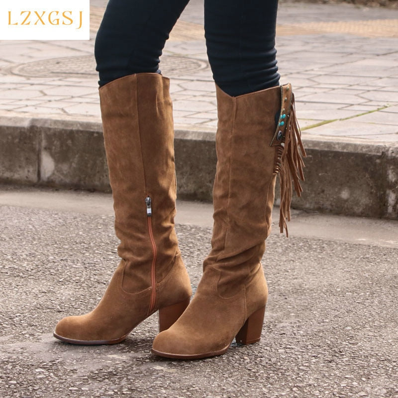 2021 New Fashion Women Shoes Knee-high Western Ridding Brown Boots Lady Wedge Heel Tassels Cowboy Long Boots Autumn Female Shoes