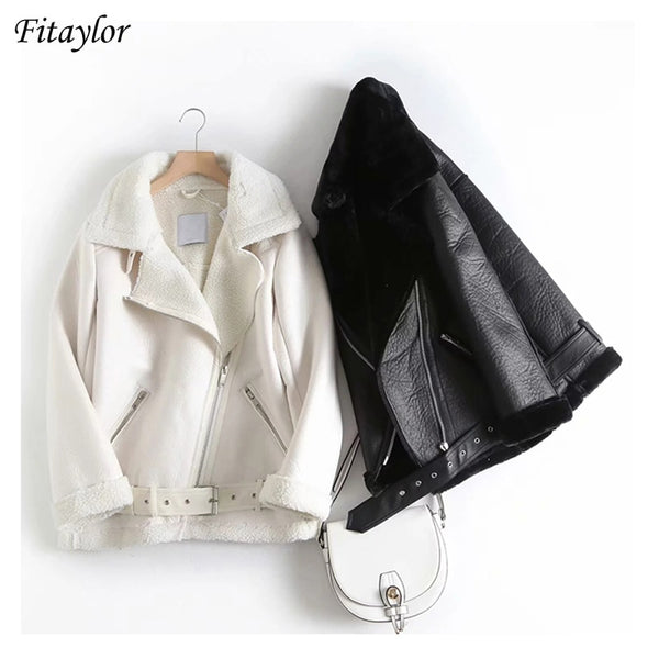 Fitaylor Winter Women Faux Lamb Leather Jacket