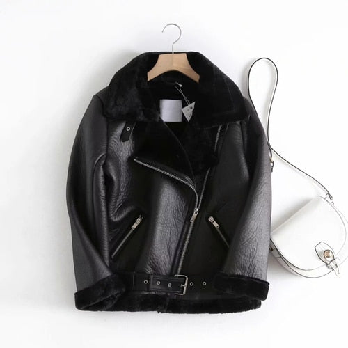 Fitaylor Winter Women Faux Lamb Leather Jacket