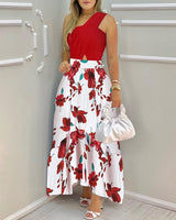 Summer Elegant One Shoulder Striped Colorblock Sleeveless Asymmetric High Waist Casual Maxi Dresses Fashion Sexy Skinny Robes