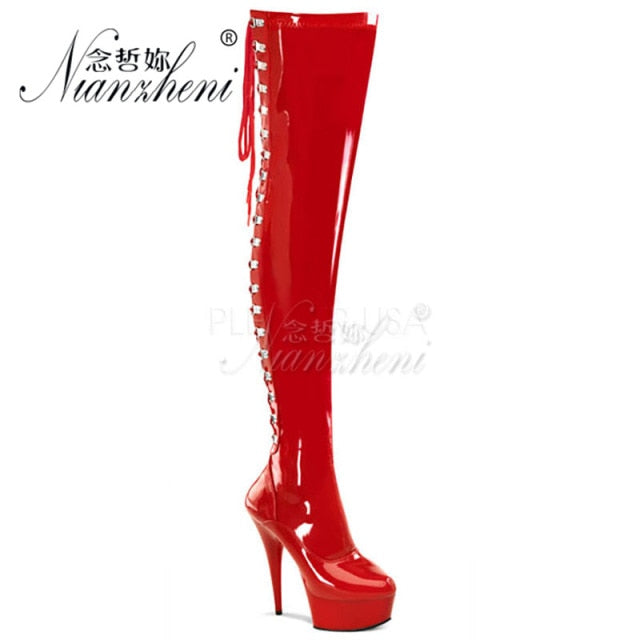 20cm Stripper High Heel Platform Sexy Shoes Over The Knee Boots Black Hollow Lace Up 8 Inch Long Pole Dance Strappy Combat Queen