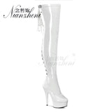 20cm Stripper High Heel Platform Sexy Shoes Over The Knee Boots Black Hollow Lace Up 8 Inch Long Pole Dance Strappy Combat Queen
