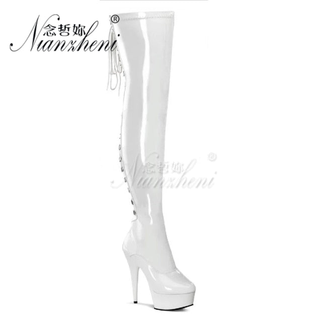 20cm Stripper High Heel Platform Sexy Shoes Over The Knee Boots Black Hollow Lace Up 8 Inch Long Pole Dance Strappy Combat Queen