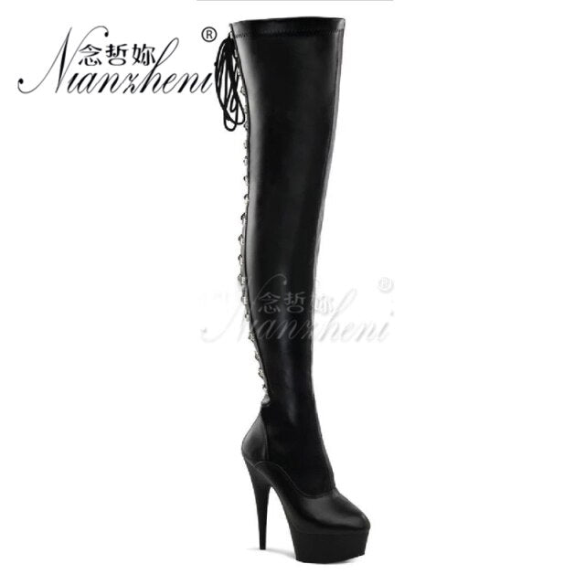20cm Stripper High Heel Platform Sexy Shoes Over The Knee Boots Black Hollow Lace Up 8 Inch Long Pole Dance Strappy Combat Queen