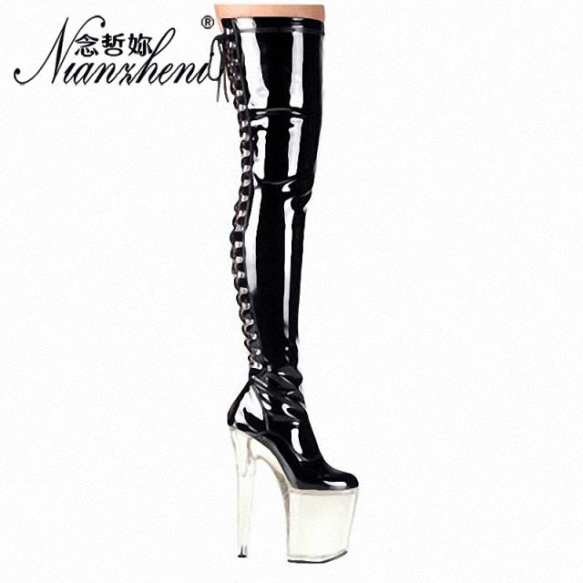 20cm Stripper High Heel Platform Sexy Shoes Over The Knee Boots Black Hollow Lace Up 8 Inch Long Pole Dance Strappy Combat Queen