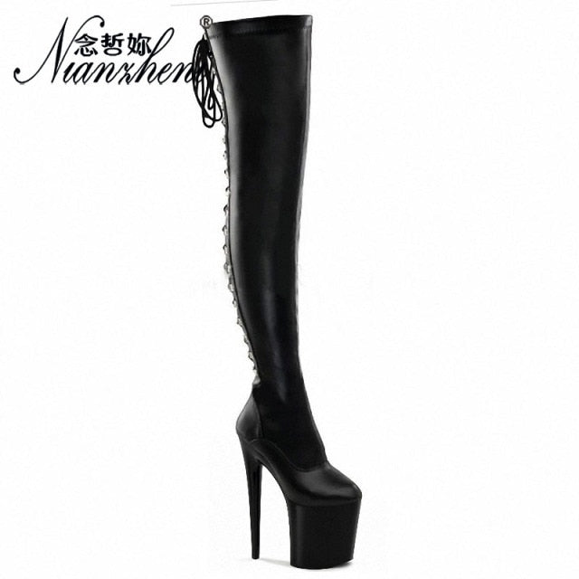 20cm Stripper High Heel Platform Sexy Shoes Over The Knee Boots Black Hollow Lace Up 8 Inch Long Pole Dance Strappy Combat Queen