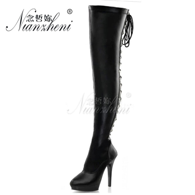 20cm Stripper High Heel Platform Sexy Shoes Over The Knee Boots Black Hollow Lace Up 8 Inch Long Pole Dance Strappy Combat Queen