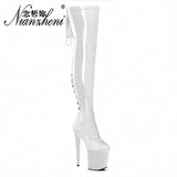 20cm Stripper High Heel Platform Sexy Shoes Over The Knee Boots Black Hollow Lace Up 8 Inch Long Pole Dance Strappy Combat Queen