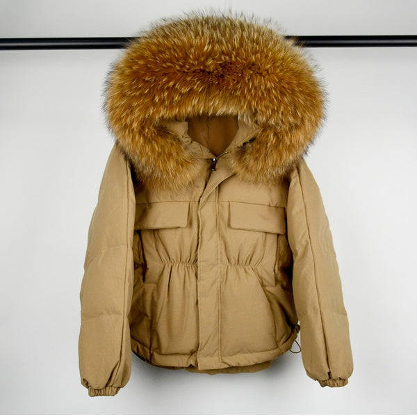 Winter Down Waterproof Large Natural Raccoon Fox Fur Hooded Short Puffer jackets