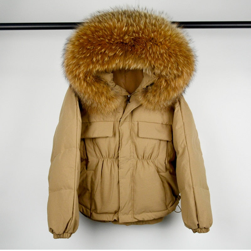 Winter Down Waterproof Large Natural Raccoon Fox Fur Hooded Short Puffer jackets
