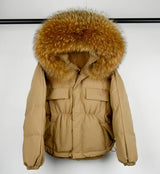 Winter Down Waterproof Large Natural Raccoon Fox Fur Hooded Short Puffer jackets