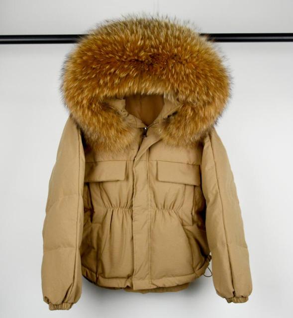 Winter Down Waterproof Large Natural Raccoon Fox Fur Hooded Short Puffer jackets