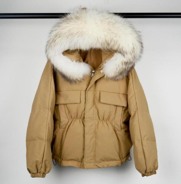 Winter Down Waterproof Large Natural Raccoon Fox Fur Hooded Short Puffer jackets