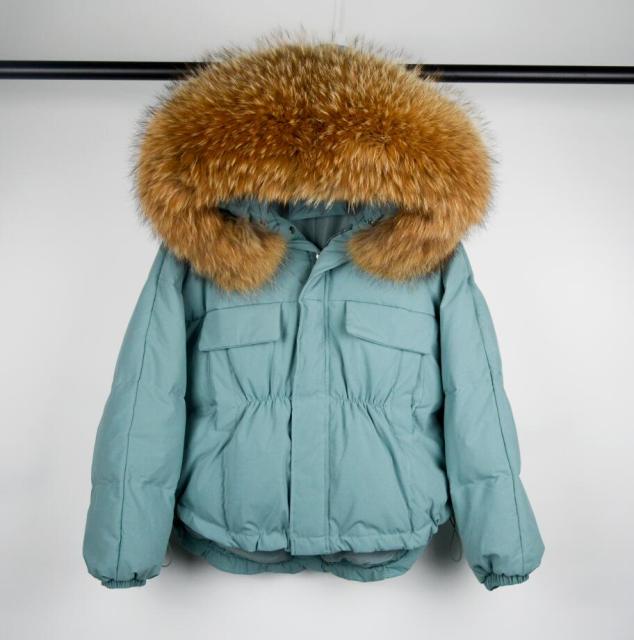 Winter Down Waterproof Large Natural Raccoon Fox Fur Hooded Short Puffer jackets