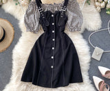 SINGRAIN Women Plaid Strap Dress Korean Slash Neck Sexy Off Shoulder Button Puff Sleeve Dress Summer Patchwork A Line Sundress