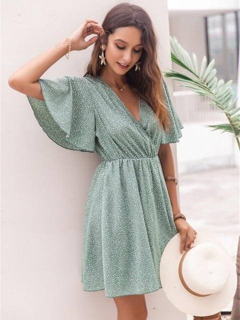 Print Short Casual V Neck Ruffles Party Beach