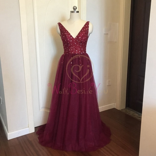 Beading Prom Dresses 2021 Plus Size Pink High Split Tulle Sweep Train Sleeveless Evening Gown A-line Lace Up Backless Vestido De