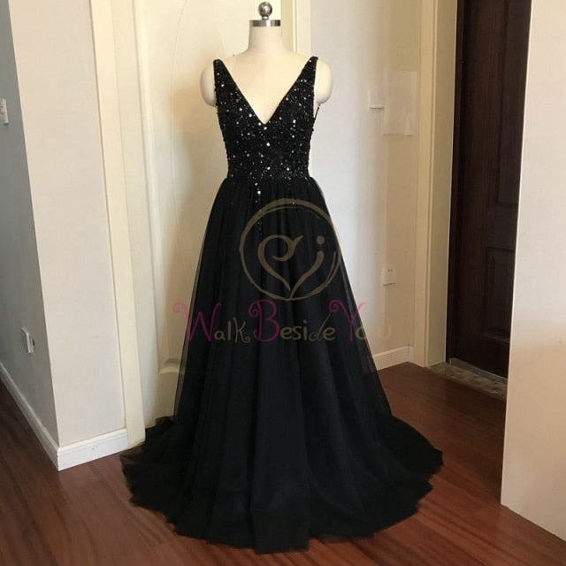 Beading Prom Dresses 2021 Plus Size Pink High Split Tulle Sweep Train Sleeveless Evening Gown A-line Lace Up Backless Vestido De