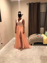 Beading Prom Dresses 2021 Plus Size Pink High Split Tulle Sweep Train Sleeveless Evening Gown A-line Lace Up Backless Vestido De