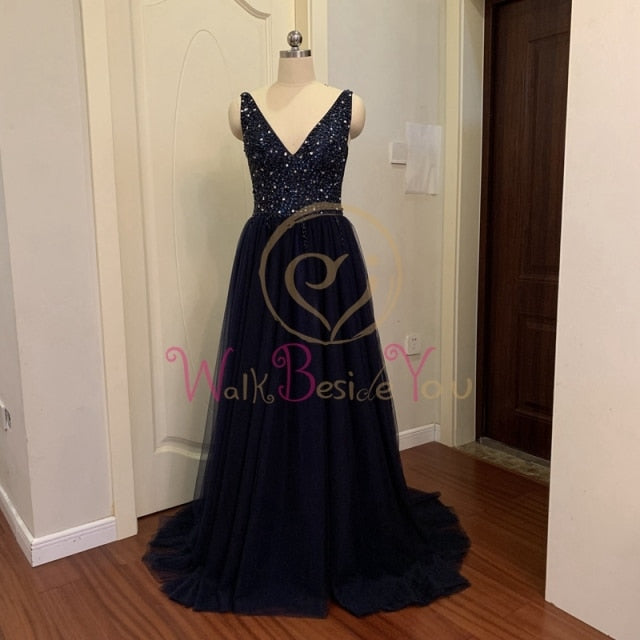 Beading Prom Dresses 2021 Plus Size Pink High Split Tulle Sweep Train Sleeveless Evening Gown A-line Lace Up Backless Vestido De