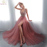 Beading Prom Dresses 2021 Plus Size Pink High Split Tulle Sweep Train Sleeveless Evening Gown A-line Lace Up Backless Vestido De