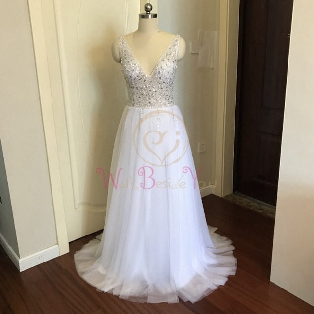 Beading Prom Dresses 2021 Plus Size Pink High Split Tulle Sweep Train Sleeveless Evening Gown A-line Lace Up Backless Vestido De