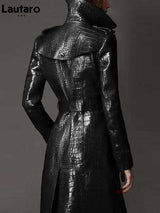 Lautaro Autumn Long Black Crocodile Pattern Leather Trench Coat