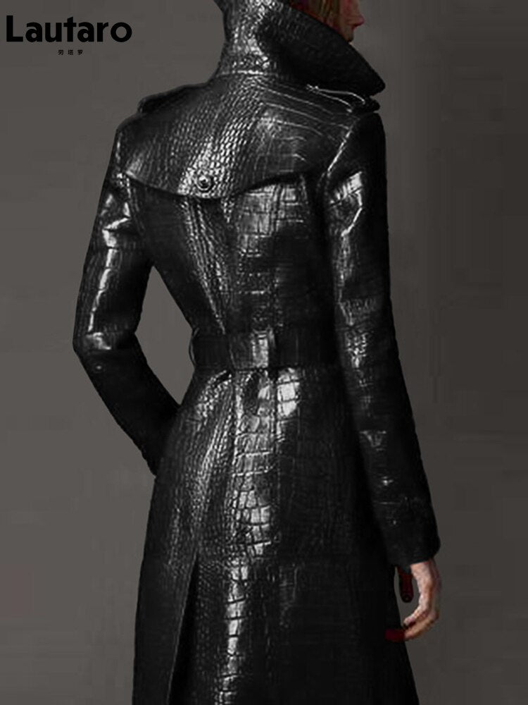 Lautaro Autumn Long Black Crocodile Pattern Leather Trench Coat