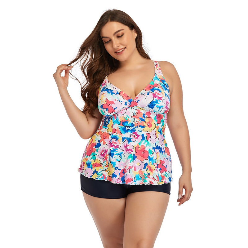 Women Floral Tankini Tummy Control Swimwear Tank Top Retro Printed Swimsuit with Boyshorts Two Piece Bathing Suit Plus Size 5XL