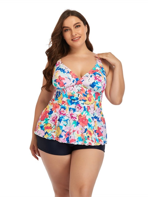 Women Floral Tankini Tummy Control Swimwear Tank Top Retro Printed Swimsuit with Boyshorts Two Piece Bathing Suit Plus Size 5XL
