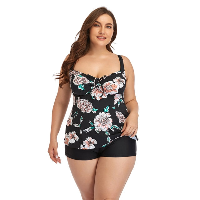 Women Floral Tankini Tummy Control Swimwear Tank Top Retro Printed Swimsuit with Boyshorts Two Piece Bathing Suit Plus Size 5XL